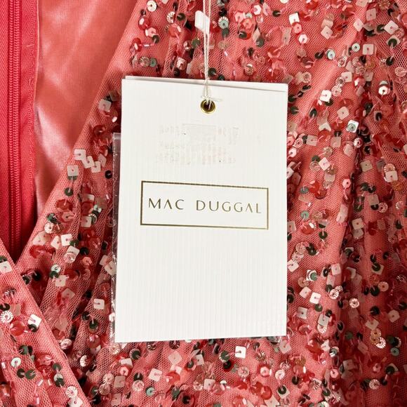 Mac Duggal Sequined Puff Sleeve Wrap Over A Line Dress 16 Coral NWT - Picture 7 of 11